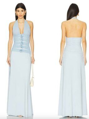 NEW Maygel Coronel Villadiego Maxi Dress Arctic Light Blue Rosette Halter Gown